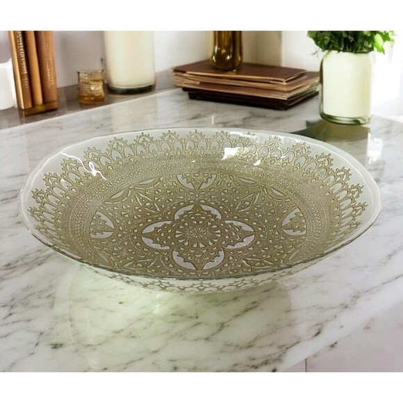 ARTISTIC ACCENTS Turkish Gold Lace Glass Oval Serving Fruit Bowl 12.5” W Large - Picture 1 of 16